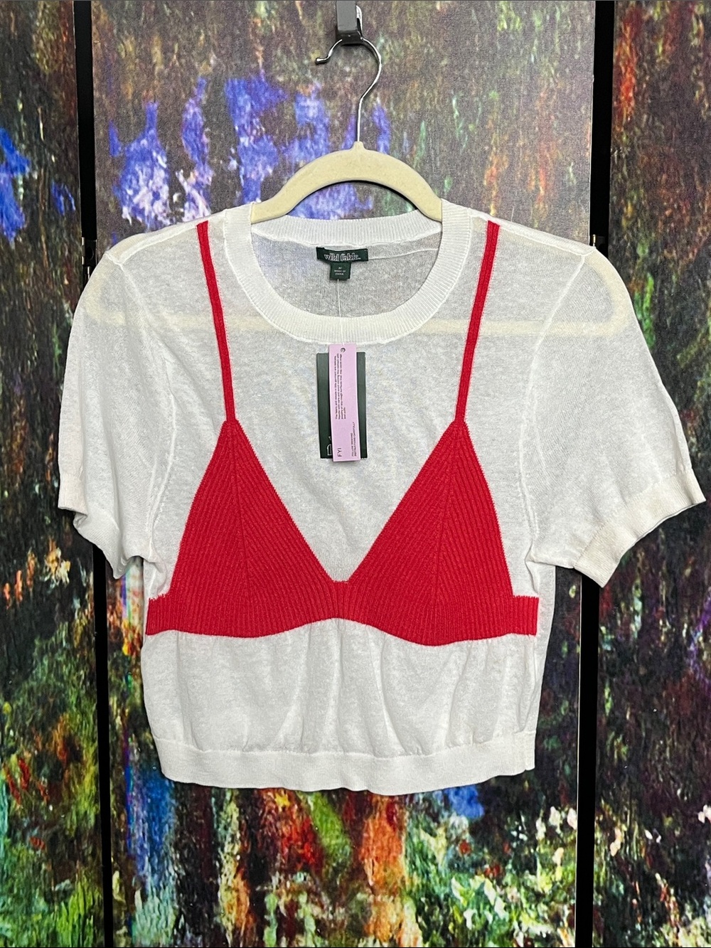 wild fable White Short-Sleeve Knit Crop Top with Red Bralette Detail